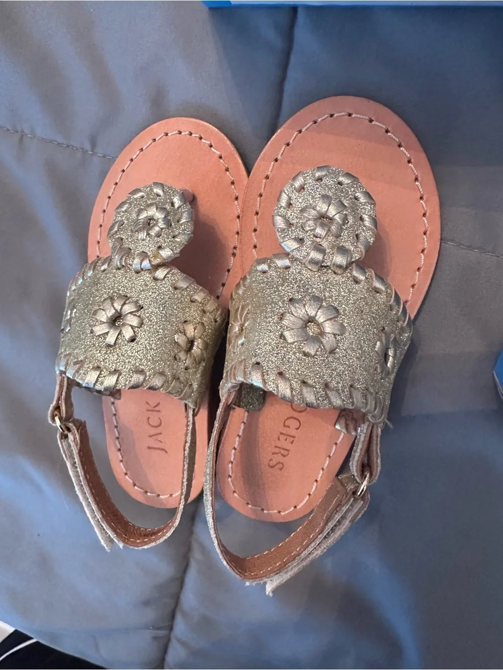 Jack Rogers Kids Metallic Gold Floral Slide Sandals w/Velcro Slingback Like New